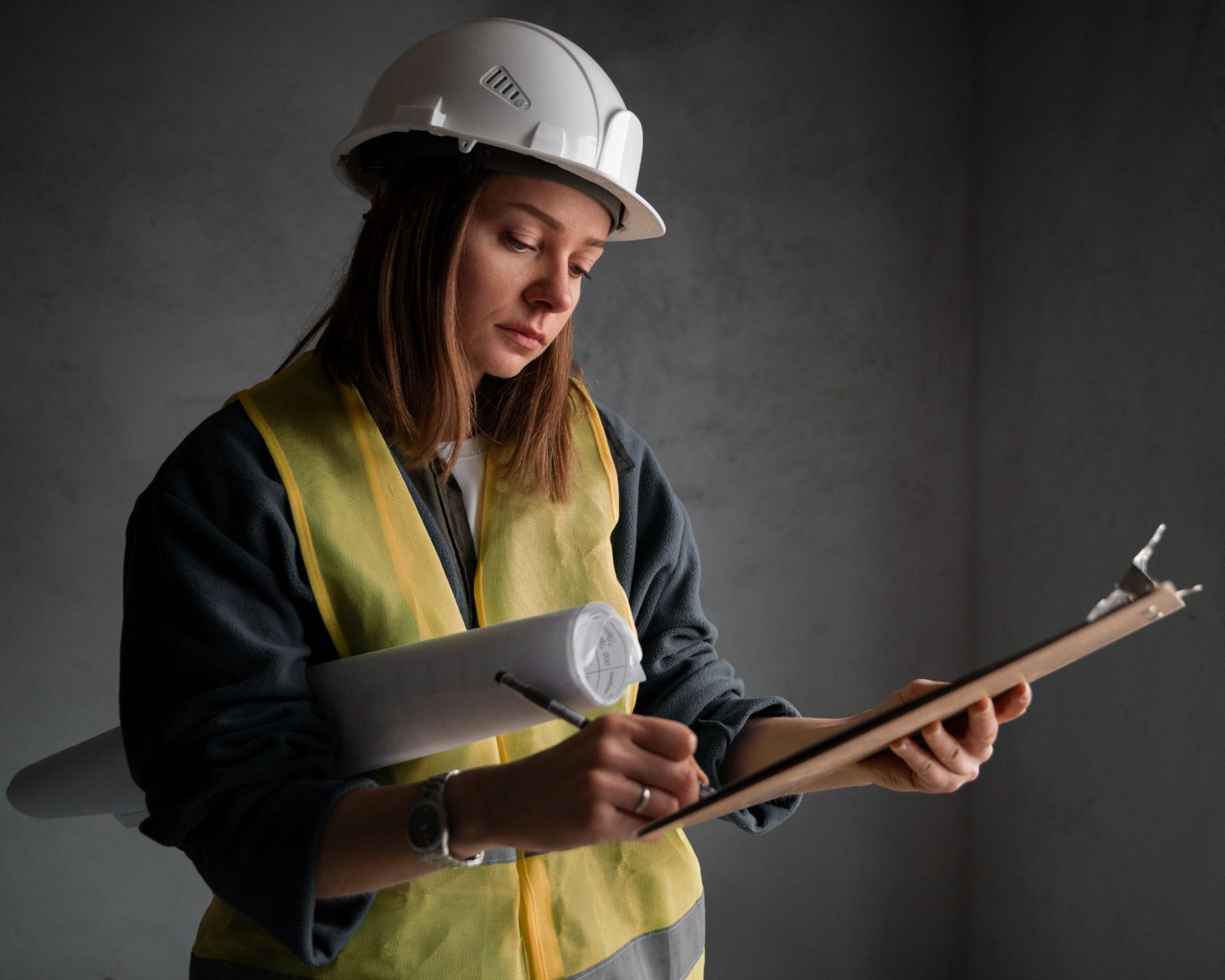 Uma engenheira com roupas de obras analisando projetos.