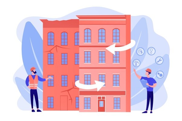 ilustração de dois prédios vermelhos um deles quebrado com dois profissionais da construção